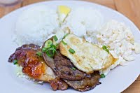 The classic dish 'Aloha Mixed Plate' at the restaurant 'Aloha Mixed Plate.' 2 Chicken, beef, fish, 2 scoops of white rice, 1 scoop of 'tater salad.