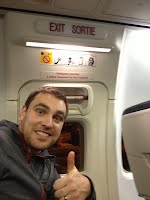 Andy's favourite plane seats are in the Exit Row for the extra leg room. I always think it may accidentally open during the flight. It didn't. This time